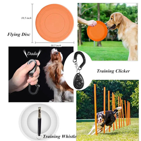 Budget Friendly All In One Dog Agility Training Set With Tunnel Weave Poles Hurdles Flying Disc Jump Ring Pause Box Clicker
