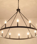 Matte Black 8 Light Farmhouse Chandelier Industrial Pendant Light Fixture with candles illuminated, hanging from ceiling.