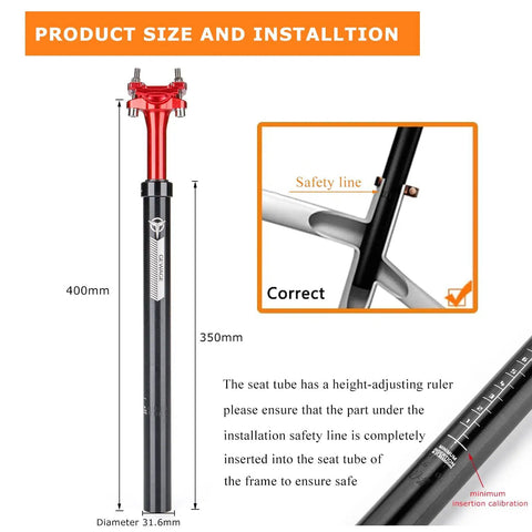 Shock Absorbing Bike Seatpost 31.6 X 400mm, Lightweight Aluminum Alloy Suspension Post with installation guide and safety line