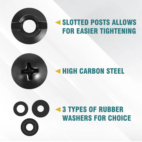 Heavy Duty Quarter Inch Shoulder Screw Fasteners For DIY Kydex And Leather Gun Holsters With Premium Rubber Washers displayed with slotted posts and rubber washers.
