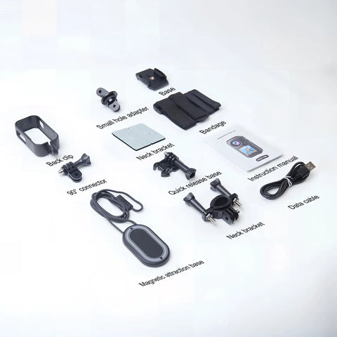 Accessories for 4K Mini Action Camera With EIS Stabilization including mounts, cables, housings, and manual displayed on white surface.