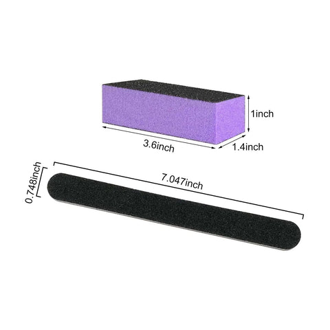 Pro Grade Nail File And Buffer Block Kit with dimensions. Black pedicure file and purple buffer block for shaping, sanding.