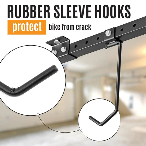 Adjustable Ceiling Mounted Bike Rack for Garage Holds 4 To 8 Bikes with rubber sleeve hooks detail