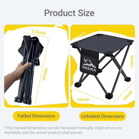 Heavy Duty Folding Camping Stool and Footrest Set That Unfolds in One Step Supports Up to 400 Lbs shown folded and unfolded dimensions