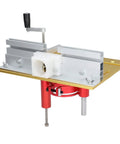 Shop Tough Router Lift Kit With Effortless Manual Crank And Sturdy Steel Guides, Aluminum Alloy Table Insert Base For Woodworking Projects, Smooth Height Dialing And Rock Solid Stability In Bold Red, showing detailed assembly with aluminum and steel components.