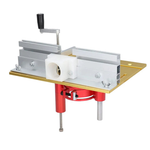 Shop Tough Router Lift Kit With Effortless Manual Crank And Sturdy Steel Guides, Aluminum Alloy Table Insert Base For Woodworking Projects, Smooth Height Dialing And Rock Solid Stability In Bold Red, showing detailed assembly with aluminum and steel components.