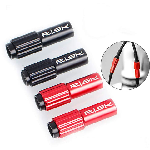 Red Aluminum CNC Bike Cable Adjusters Set For On The Fly Derailleur And Brake Tuning Ride Ready Lightweight 50mm Housing Caps 4mm Capped Housing Fits Mountain Road And Folding Bikes 2 Pack, shown with black variants and example usage on cables.