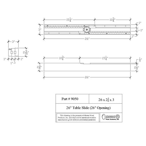 Wooden Table Extension Set With 26 Inch Equalizer Slides For Pedestal Tables and detailed blueprint dimensions.