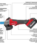 Heavy Duty 4 Inch Cordless Angle Grinder With Brushless Motor And M18 Battery Pack showing power details and features.