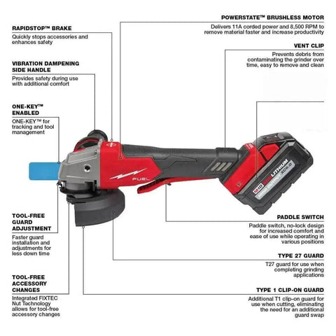 Heavy Duty 4 Inch Cordless Angle Grinder With Brushless Motor And M18 Battery Pack showing power details and features.