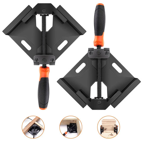 Two Piece Corner Clamp Set for Woodworking, Right Angle 90 Degree Jaws, Aluminum Alloy Frame, Adjustable Swing Jaw shown with usage examples