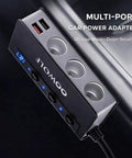 Heavy Duty 7 In 1 Cigarette Lighter Splitter Car Charger Adapter With Quick Charge 3.0, black multi-port design with USB outlets.