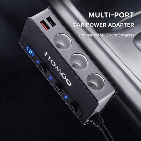 Heavy Duty 7 In 1 Cigarette Lighter Splitter Car Charger Adapter With Quick Charge 3.0, black multi-port design with USB outlets.