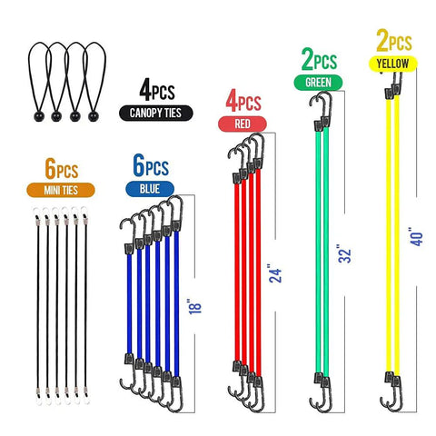 Heavy Duty Bungee Cord Set With Hooks In Jar, 25 Piece Latex Core Elastic Cords In Assorted Lengths and Colors displayed
