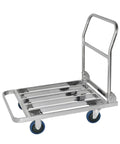 Heavy Duty Foldable Platform Truck Cart With Spacious Steel Flatbed For Moving Bulky Furniture Hauling Yard Gear And Warehouse Freight With Zero Sweat, compact design with blue wheels.