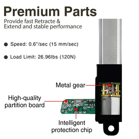 Diagram of 125mm Stroke High Speed Linear Actuator 40N 8.8 Lb IP54 Aluminum Alloy One Piece Body With Pure Metal Gears showing components.