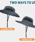 Two styles of Wide Brim Bucket Hat With UPF 50 Plus Sun Protection shown as cowboy and fishing hat, dark gray color