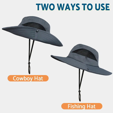 Two styles of Wide Brim Bucket Hat With UPF 50 Plus Sun Protection shown as cowboy and fishing hat, dark gray color