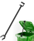 Adjustable Hands Free Trash Can Lid Holder For Dumpsters Hella Sturdy Contactless Stand holding green bin lid open with metal support.