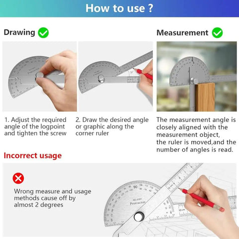 Digital Angle Finder Protractor Ruler With Straight Shot Zero To One Eighty Degree Range And Four Inch Tape demonstrating correct usage steps.