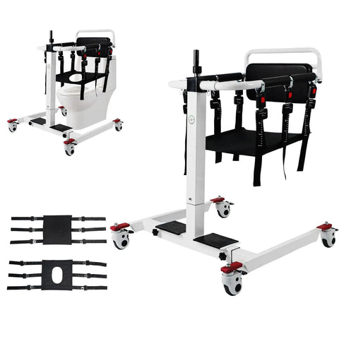 Smooth Ride Transfer Chair For Seniors With Sit To Stand Assist Handles, Patient Lift Wheelchair with secure straps and smooth caster wheels.