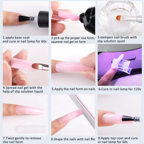 Steps to use Poly Extension Gel Nail Kit With Slip Solution And Dual Builder Forms For A Home Mani, Includes Three 15ml Gels In Clear White Pink, Clear Clips, Double-Head Brush Pen, 60 Nail Forms, Nude Starter Set