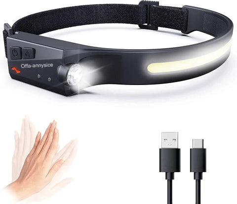 Rechargeable Headlamp For Adults, Hard Hat Light And Headband Flashlight With COB Strip LEDs, Black Outdoor Lighting, USB Cable