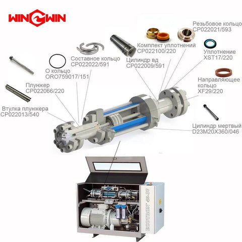 Waterjet abrasive cutting head with TJ006071/555 mixing chamber and seals, exploded view