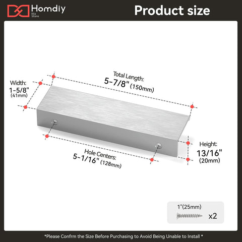 Product size dimensions of Brushed Nickel 10 Pack 5 Inch Edge Finger Cabinet Pulls Aluminum Alloy Hardware with installation details.