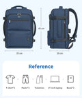 Front and side view of navy underseat travel backpack dimensions 35x20x45 cm with reference items like toiletries and 17 inch laptop.