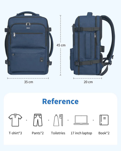 Front and side view of navy underseat travel backpack dimensions 35x20x45 cm with reference items like toiletries and 17 inch laptop.