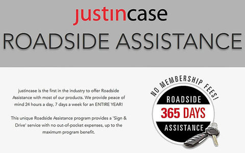 Compact Car Emergency Roadside Kit With Grab And Go Jumper Cables Tow Strap LED Flashlight Gloves First Aid Kit And One Year Roadside Assistance image featuring roadside assistance text and car keys on gray background.