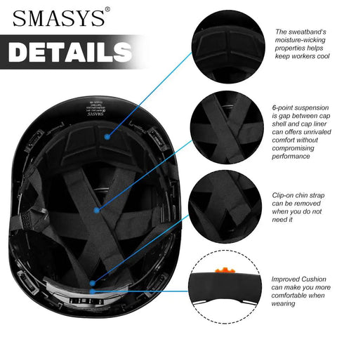 Interior view of Pink Hard Hat With Visor And Ear Muffs Adjustable ABS Construction Helmet For Head And Hearing Protection On The Jobsite ANSI Z89.1 Type 1 Class C Certified Safety Gear showing 6-point suspension and cushion features.
