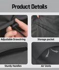 Product details of Built Tough Table Saw Cover With Waterproof Jobsite Weather Guard showing adjustable drawstring, storage pocket, sturdy handles, and air vents.