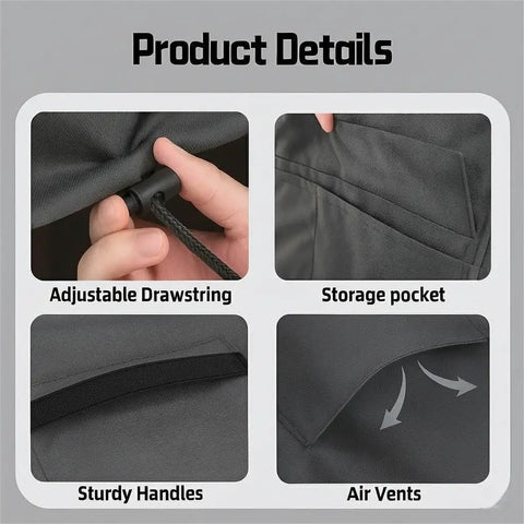 Product details of Built Tough Table Saw Cover With Waterproof Jobsite Weather Guard showing adjustable drawstring, storage pocket, sturdy handles, and air vents.