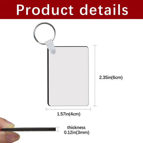 Front view of 20 Pcs Sublimation Keychain Blanks Set Double Sided MDF Rectangle Ornaments showing product dimensions and thickness.