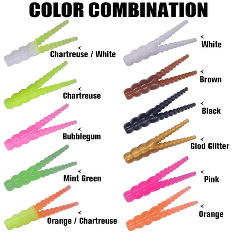 Trout Fishing Kit With 165 Pieces Including Split Tail Grub Worms in multiple colors: white, brown, chartreuse, and more.