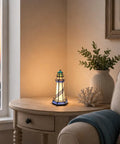 Blue Lighthouse Tiffany Style Stained Glass Table Lamp 5x5x11 Inch Accent Night Light For Home Decor 2700K LED on end table