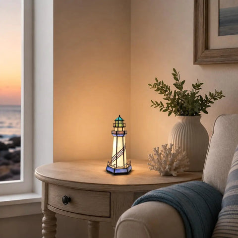 Blue Lighthouse Tiffany Style Stained Glass Table Lamp 5x5x11 Inch Accent Night Light For Home Decor 2700K LED on end table
