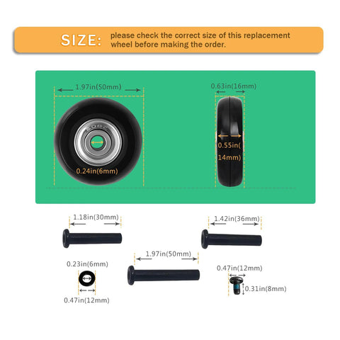 Replacement Wheels For Luggage Suitcase 50mm Diameter 8 Pc Wheel Set with axles, washers, screws, spacers, adapters and sizes shown.