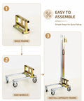 Heavy Duty Portable Lifting Stacker For Easy Wall Cabinet Installation And Heavy Panel Placement Manual Floor Material Lift With Compact Trolley Design shows assembly steps with base frame and wheels.
