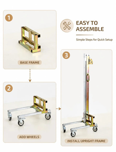 Heavy Duty Portable Lifting Stacker For Easy Wall Cabinet Installation And Heavy Panel Placement Manual Floor Material Lift With Compact Trolley Design shows assembly steps with base frame and wheels.