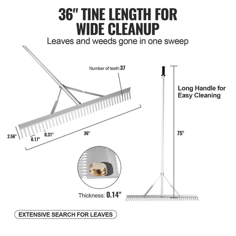 Infographic of Heavy Duty Landscape Rake For Land And Water, 36 Inch Head Aluminum Lake Weed Rake With 75 Inch Handle, showing dimensions.