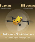 Yellow ultra-light drone with 4K video, 8K photo, sub 249g build, long range transmission, showing flight time options