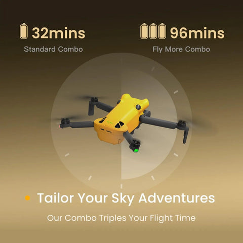 Yellow ultra-light drone with 4K video, 8K photo, sub 249g build, long range transmission, showing flight time options