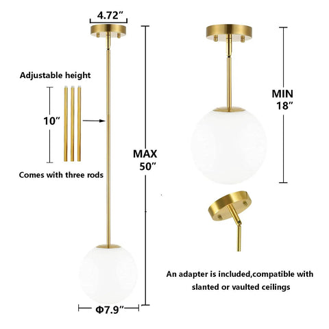 Dope Modern Globe Pendant Light 1 Light Mid Century Chandelier With Large White Glass Shade And Brushed Brass Finish Hanging Fixture For Kitchen Island Gold, adjustable height image