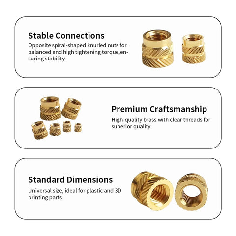 Ultimate Brass Heat Set Inserts M2 To M6 Spiral Nuts for 3D Printing, showcasing premium brass craftsmanship and stable connections.
