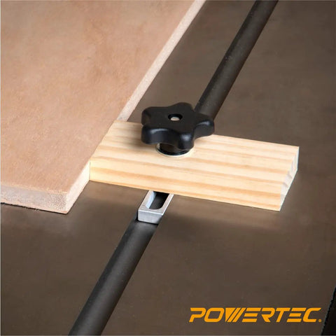 Miter Slot Hardware Kit With Aluminum Slot Bars Two Brass Black Star Knobs And Five Sixteenth Inch Screws And Washers in use on table saw