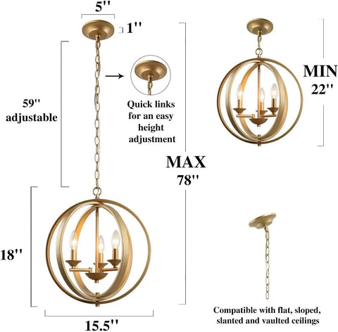 Gold Orb Chandelier With Openwork Globe Spheres Modern 3 Light Fixture dimensions and adjustable height details.