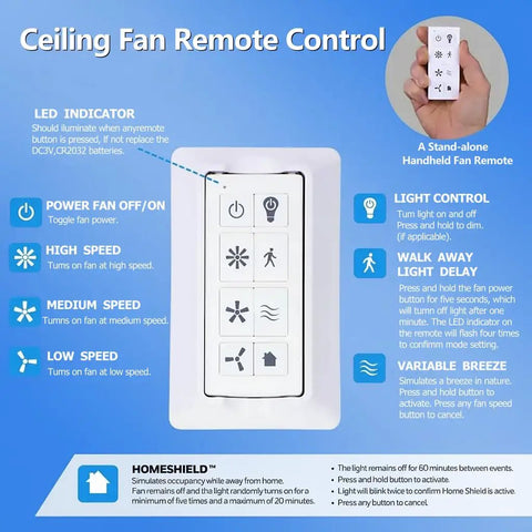 Smart WiFi Ceiling Fan Remote Kit With Light Dimmer And 3 Speed Settings controls and functions diagram